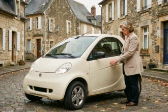Femme examinant une voiture sans permis d'occasion dans une rue de la Sarthe