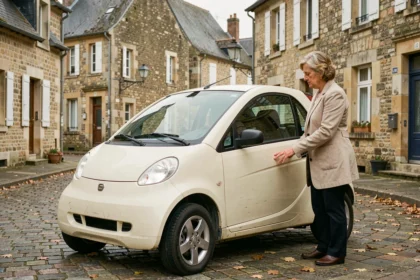 Femme examinant une voiture sans permis d'occasion dans une rue de la Sarthe