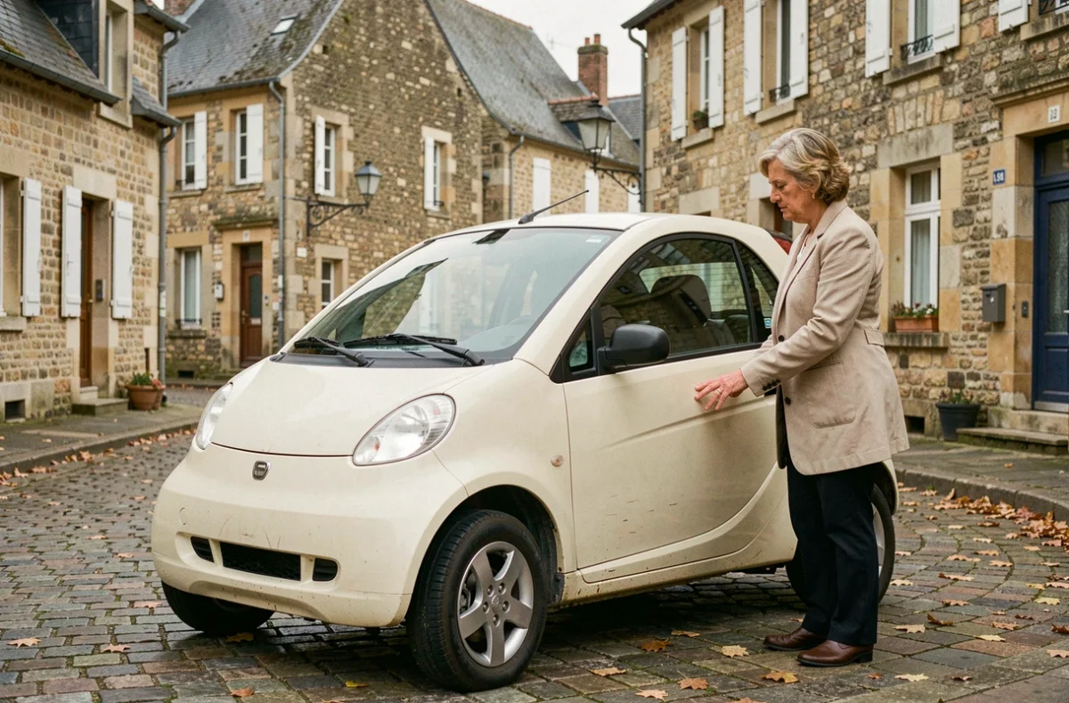 Femme examinant une voiture sans permis d'occasion dans une rue de la Sarthe