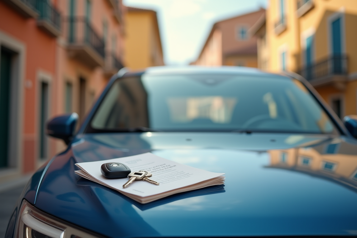 Voiture sur une rue européenne avec documents et clés