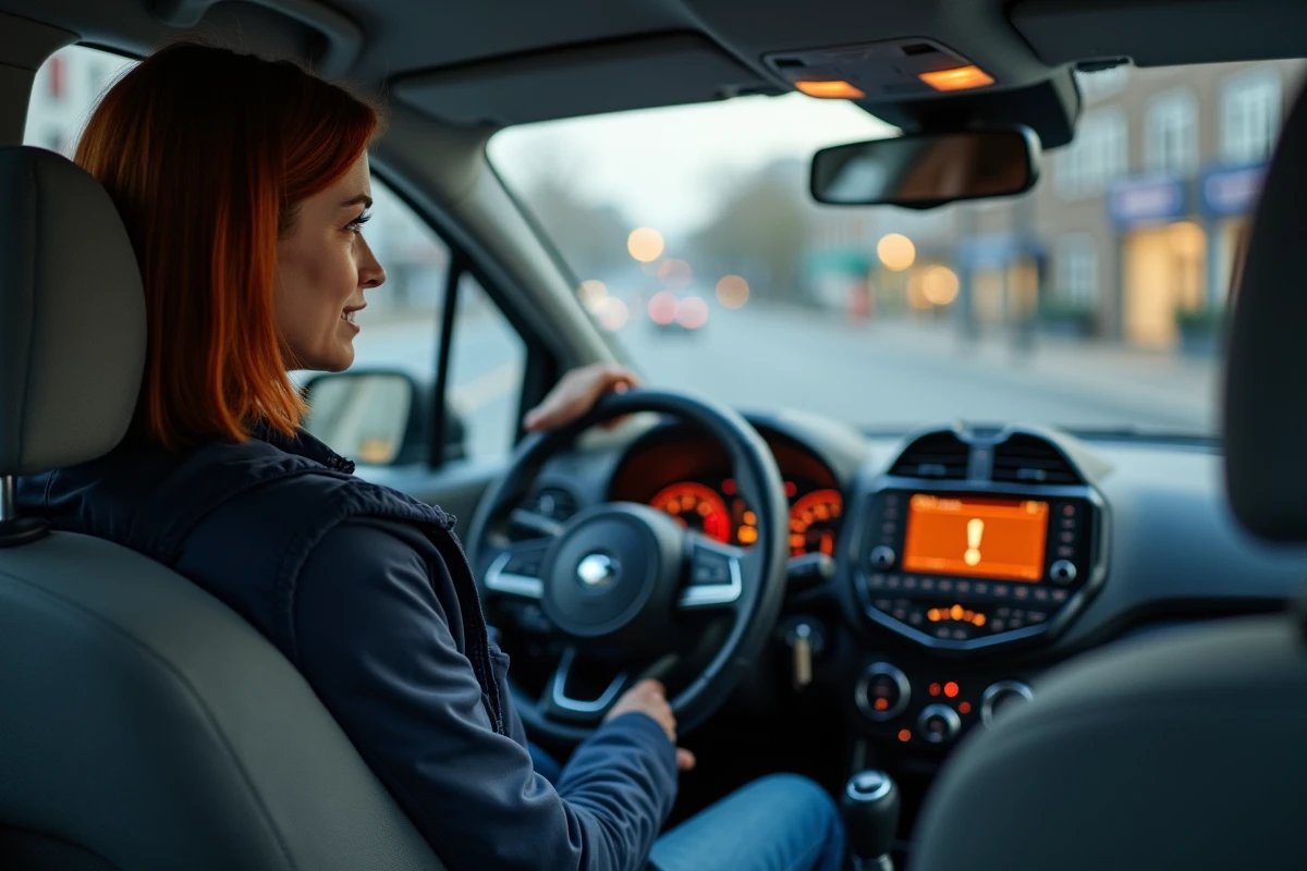 Femme au volant d'une voiture regardant avec inquiétude le voyant point d'exclamation orange allumé sur le tableau de bord