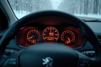 Voyants du tableau de bord d'une Peugeot 208 allumés en hiver avec températures négatives