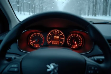 Voyants du tableau de bord d'une Peugeot 208 allumés en hiver avec températures négatives