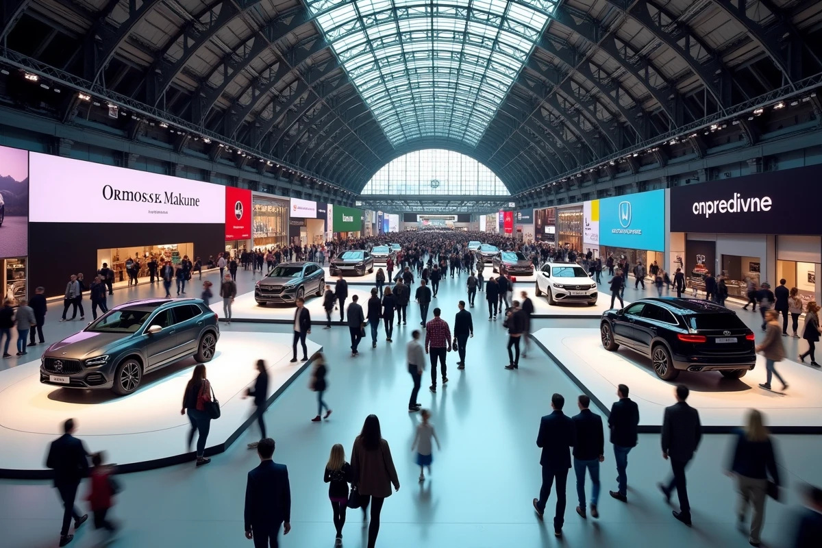 Vue panoramique du hall du Salon de l'automobile de Paris 2026 avec familles et visiteurs entre les stands