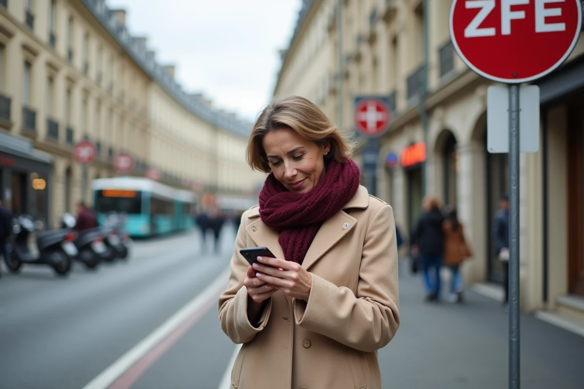 Femme consultant son téléphone devant un panneau de zone à faibles émissions ZFE en ville